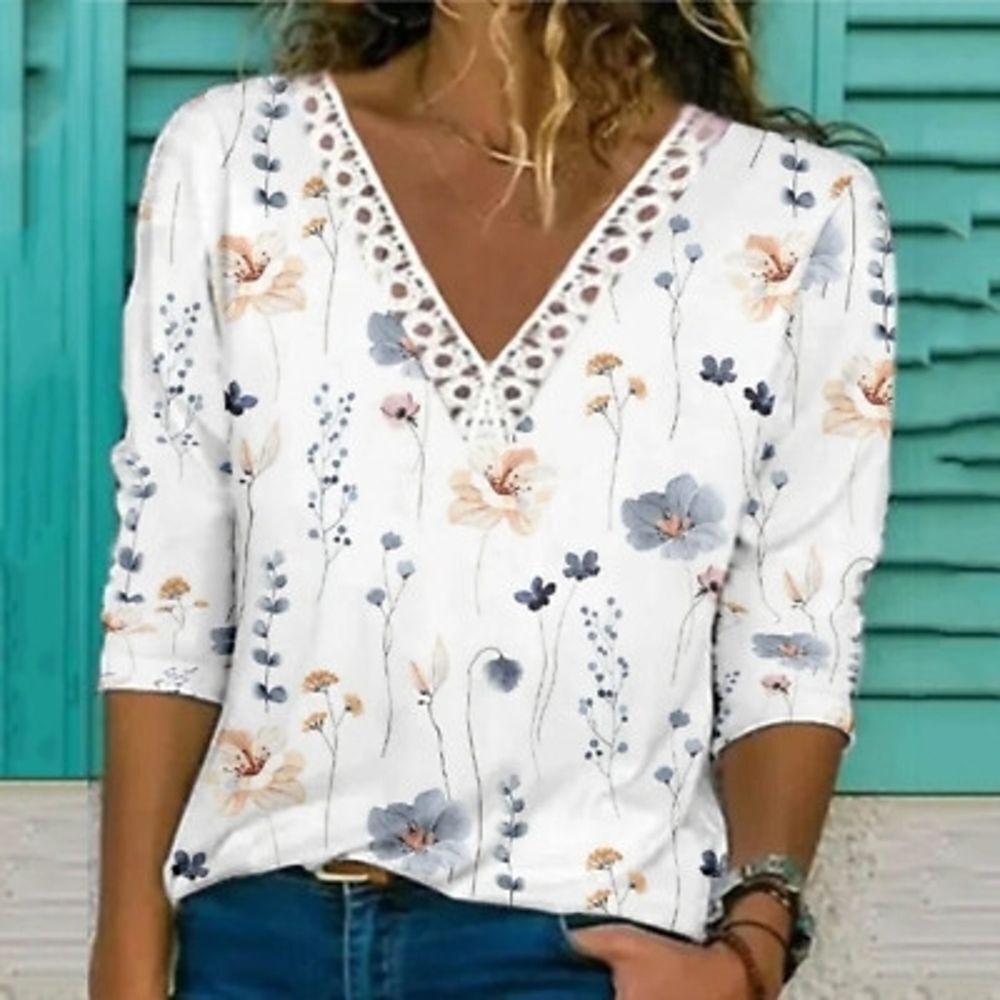 Fashion Floral Lace V-Neck Blouse - White and Blue